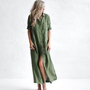 Seaside Tones Linen shirt dress olive